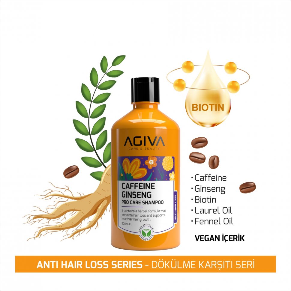 Шампунь для волос CAFFEINE GINSENG PRO CARE AGİVA, 500 мл. 